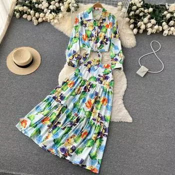 RUGOD 2022 отпуск темпераментный костюм короткий топ элегантный принт с высокой талией большая распашная юбка модный комплект из двух предметов