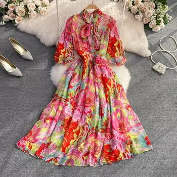 RUGOD 2022, платье трапециевидной формы с принтом в виде галстука-бабочки и принтом на талии, с пятью точками рукава, элегантное темпераментное длинное свободное платье