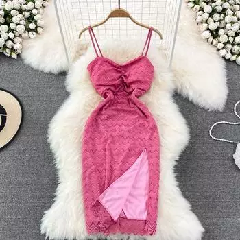 RUGOD 2022 пляжное праздничное платье на море модное сексуальное платье на подтяжках розово-красное платье с открытой спиной и высокой боковой сумкой на бедрах