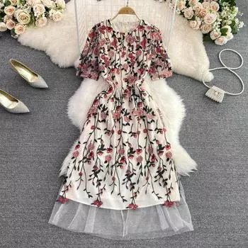 RUGOD 2022 потрясающее высококачественное летнее темпераментное платье трапециевидной формы с круглым вырезом и талией для похудения и цветочной вышивкой