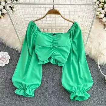 RUGOD 2022, ранняя весна, новая французская ретро рубашка с квадратным вырезом, тонкая короткая рубашка с рукавами-фонариками, женский топ с открытой спиной в иностранном стиле