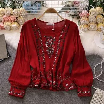 RUGOD 2022 рубашка с круглым вырезом в национальном стиле, женская дизайнерская свободная рубашка из хлопка и льна с вышивкой в стиле ретро, тонкий топ с рюшами One Size синий