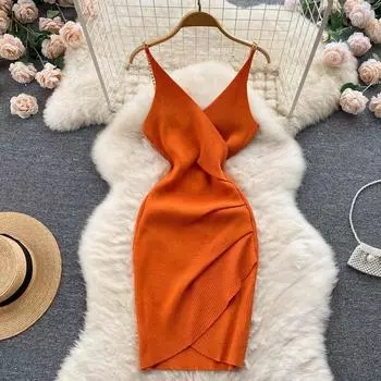 RUGOD 2022 сексуальное платье на подтяжках модное облегающее плиссированное короткое трикотажное платье без рукавов с v-образным вырезом и открытой спиной