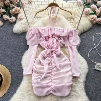 RUGOD 2022, сексуальное шифоновое плиссированное облегающее платье с рюшами на одно плечо и воротником-стойкой во французском стиле Хепберн, 2022