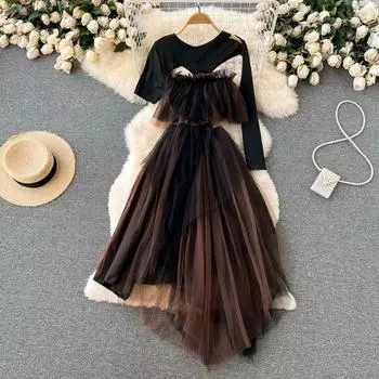 RUGOD 2022 Темно-черное нишевое платье во французском европейском и американском стиле с сетчатым швом на талии и неравномерным вырезом