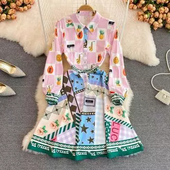 RUGOD 2022 Весна Богиня Фан Винтаж Нагрудный принт Знаменитости Темперамент Талия Закрытый длинный рукав Большие качели A-line Платье Женское