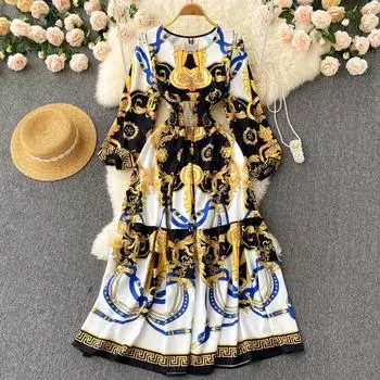 RUGOD 2022 Весна, европейский и американский стиль, богемный ретро-принт, дворец, дизайн, тонкая талия и тонкое свободное платье для отпуска