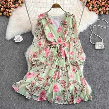 RUGOD 2022 Весна и осень Нежный ветер Супер Фея Длинный стиль с застежкой на талию Тонкий рукав-пузырь с v-образным вырезом и цветочным принтом шифоновое плиссированное платье One Size зелёный