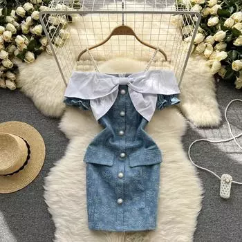 RUGOD 2022, весенне-летнее новое джинсовое платье с одним вырезом и французским нишевым дизайном, с принтом, платье на подтяжках с бантом и жемчугом