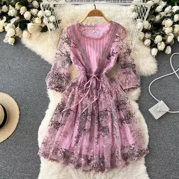 RUGOD 2022, весенне-летнее новое кружевное сетчатое модное модное платье средней длины с круглым вырезом и тяжелой вышивкой