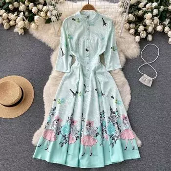 RUGOD 2022, весенне-летнее новое платье средней длины в этническом стиле с талией и тонким платьем трапециевидной формы с оборками с принтом