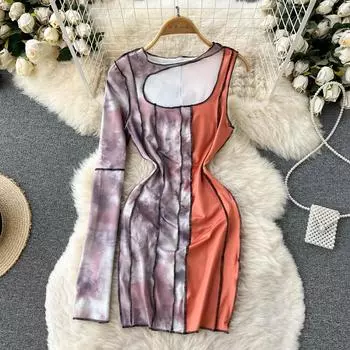 RUGOD 2022 весенне-летнее женское платье с одним рукавом контрастного цвета с вышивкой, ажурная сумка на плечо, модное сексуальное платье