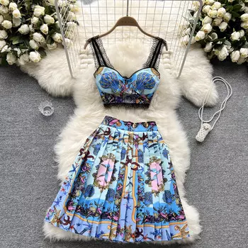 RUGOD 2022, весенне-летний новый праздничный стиль, кружевной короткий топ с принтом, плиссированная юбка, модная костюмная юбка из двух предметов S чёрный