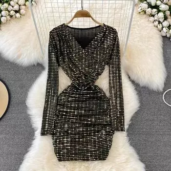 RUGOD 2022, весенне-осеннее новое модное платье с длинными рукавами и ягодицами, тонкое, тонкое, яркое, шелковое, с глубоким v-образным вырезом, платье One Size чёрный