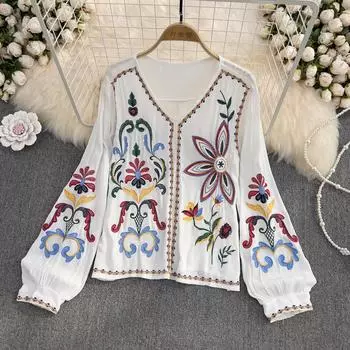 RUGOD 2022, весенне-осенний новый пуловер в стиле ретро с v-образным вырезом и вышитыми рукавами-фонариками, женский топ для отдыха на море