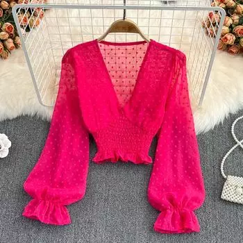 RUGOD 2022, весенне-осенняя французская шифоновая рубашка с v-образным вырезом и крестообразными рукавами в горошек, тонкий повседневный короткий топ с тонкой талией в западном стиле