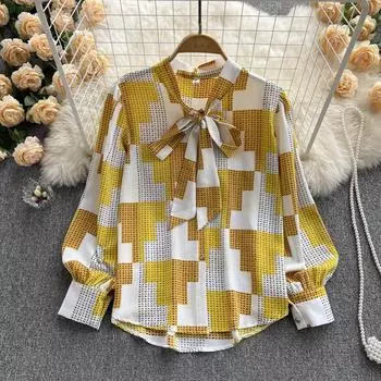 RUGOD 2022, весенне-осенняя шикарная шифоновая рубашка с галстуком-бабочкой и принтом, женская дизайнерская универсальная блузка с длинными рукавами и чувством меньшинства