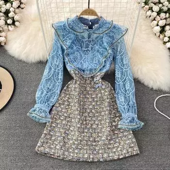 RUGOD 2022, весеннее, элитное, легкое, роскошное, темпераментное, с воротником-стойкой, с вышивкой, в сетку, облегающее твидовое платье с буквами А-слово