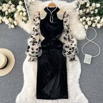 RUGOD 2022, весеннее черное бархатное платье с длинными рукавами в стиле Хепберн, женское элегантное длинное платье в иностранном стиле, маленькое черное платье