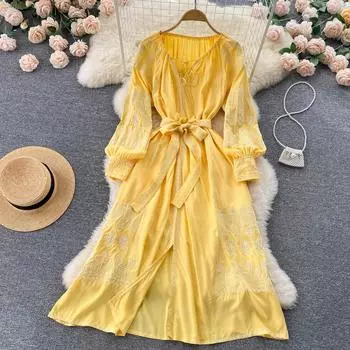 RUGOD 2022 весеннее французское платье в стиле ретро с галстуком-бабочкой на подкладке, сексуальное платье с высокой талией и большим разрезом, длинное платье с плиссированной талией One Size синий