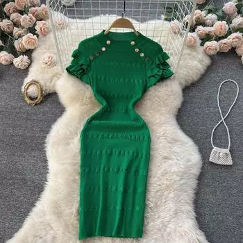 RUGOD 2022, весеннее и летнее новое платье с короткими рукавами, модное тонкое вязаное французское темпераментное сексуальное модное платье с сумкой для девочек One Size бежевый