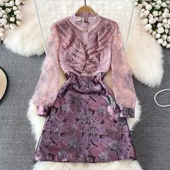 RUGOD 2022, весеннее и летнее новое темпераментное платье-трапеция с воротником-стойкой, вышитым кружевом и талией, тонкое платье трапециевидной формы с длинными рукавами M фиолетовый