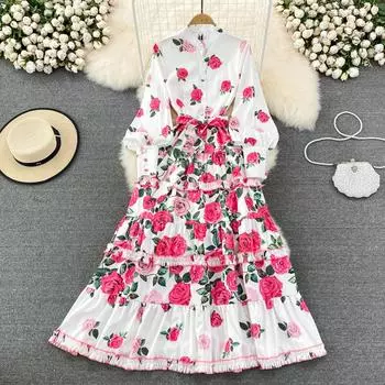 RUGOD 2022, весеннее и летнее новое высококачественное платье трапециевидной формы с длинными рукавами и талией с легкими лацканами и розами