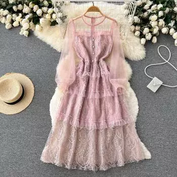 RUGOD 2022, весеннее и летнее сетчатое кружевное платье с вышивкой для тяжелой промышленности, платье на подтяжках, французское платье трапециевидной формы в стиле ретро