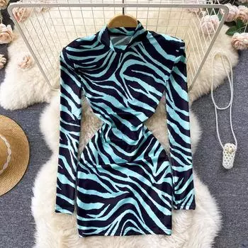 RUGOD 2022, весеннее модное платье с принтом зебры, сексуальное модное короткое платье с открытой спиной, высоким воротником и длинными рукавами