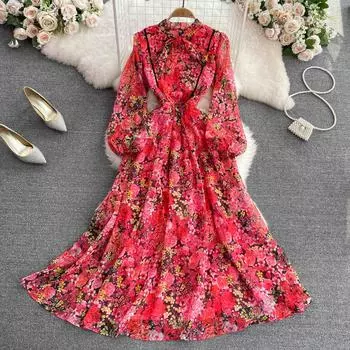 RUGOD 2022 весеннее модное высококачественное темпераментное шифоновое платье с тонкими пышными рукавами и галстуком-бабочкой на талии