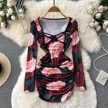RUGOD 2022, весеннее новое эластичное плотное платье с длинными рукавами и принтом, с коротким квадратным вырезом и без бретелек, модное платье с запахом