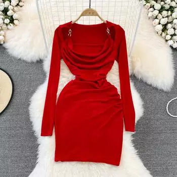 RUGOD 2022, весеннее новое корейское сексуальное короткое платье с квадратным вырезом и длинными рукавами, облегающее плиссированное короткое платье с запахом на бедрах