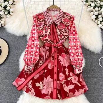 RUGOD 2022, весеннее новое корейское винтажное свободное платье трапециевидной формы с длинными рукавами и лацканами на шнуровке, большое свободное платье M красный