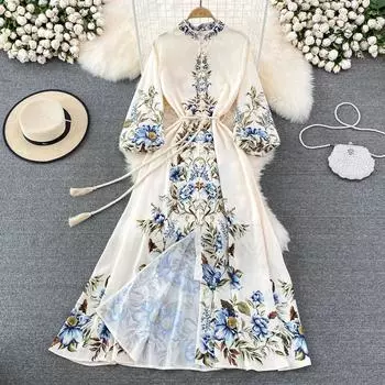 RUGOD 2022, весеннее новое модное однобортное платье с длинными рукавами и воротником-стойкой с принтом на талии, большое свободное платье трапециевидной формы M бежевый