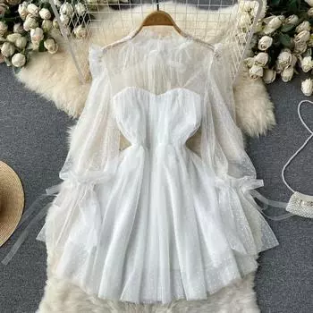 RUGOD 2022, весеннее новое платье по низу, женственное сетчатое платье с волнами в горошек и надписью внутри, пышное платье принцессы с застежкой на талии