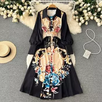 RUGOD 2022, весеннее новое платье средней длины в европейском и американском стиле, шикарное французское ретро-платье с принтом на талии и лацканами