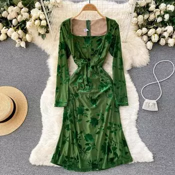 RUGOD 2022, весеннее новое стильное элегантное платье среднего и длинного размера в стиле ретро с квадратным вырезом на талии и принтом