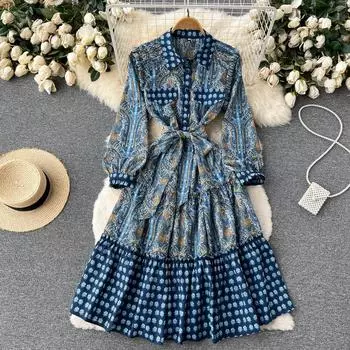 RUGOD 2022, весеннее новое стильное платье с рюшами и принтом в дворцовом стиле, облегающее платье на талии, длинное платье с большими качелями