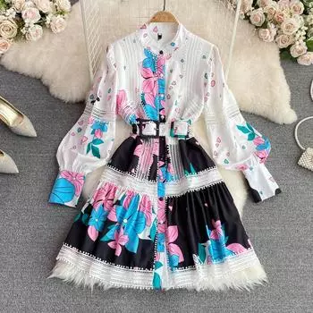 RUGOD 2022, весеннее новое темпераментное короткое свободное платье трапециевидной формы с рукавами-фонариками и полыми крючками, с цветочной вышивкой