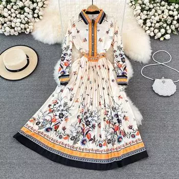 RUGOD 2022, весеннее новое винтажное платье с контрастным принтом и длинными рукавами, плиссированное платье трапециевидной формы с лацканами, элегантное темпераментное длинное платье с большими качелями