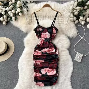 RUGOD 2022, весеннее новое женское сексуальное эластичное плотное длинное платье на подтяжках в стиле ретро, с принтом розы, без бретелек, марлевое платье с запахом на бедрах