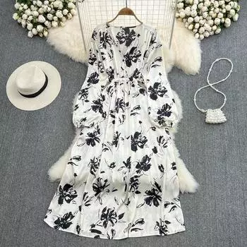 RUGOD 2022, весеннее платье с v-образным вырезом на талии и длинными рукавами, элегантное темпераментное широкое свободное платье с v-образным вырезом на талии и принтом