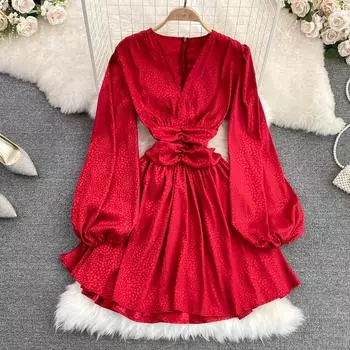 RUGOD 2022, весеннее пышное платье трапециевидной формы с длинными рукавами, тонкой талией и v-образным вырезом средней длины, с длинными рукавами