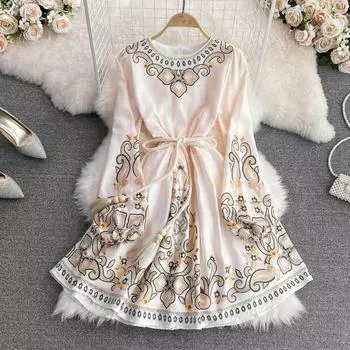 RUGOD 2022, весеннее, ретро-стиль, женственное темпераментное пышное платье с пышными рукавами и круглым вырезом на талии, утягивающее платье трапециевидной формы, большое свободное платье