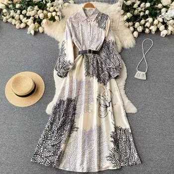 RUGOD 2022, весеннее свободное и тонкое платье длиной до колена в китайском стиле с лацканами на талии и длинными рукавами M бежевый