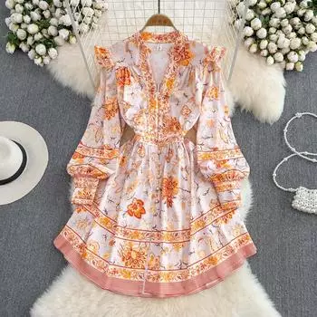 RUGOD 2022, весеннее свободное платье трапециевидной формы в дворцовом стиле в стиле ретро с v-образным вырезом и талией в виде листьев лотоса, с рукавами-фонариками и принтом