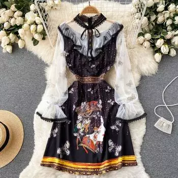 RUGOD 2022, весенний новый стиль, Cheongsam, стиль суда, кружевное платье с объемными рукавами, черное платье с узором «Чувство меньшинства», платье для сращивания