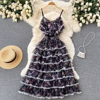 RUGOD 2022, весенний новый стиль, зарубежный стиль, кружевное платье с воланами и подтяжками, сетчатое платье для торта, дизайнерское длинное праздничное платье