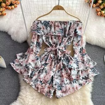 RUGOD 2022, весенний сексуальный комбинезон с прямым вырезом и открытыми плечами, модный комбинезон с длинными рукавами и шнуровкой на талии, широкие шорты