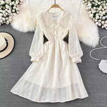 RUGOD 2022 весенний стиль французский темпераментный кукольный воротник кружево с высокой талией тонкое шифоновое платье элегантное большое свободное платье